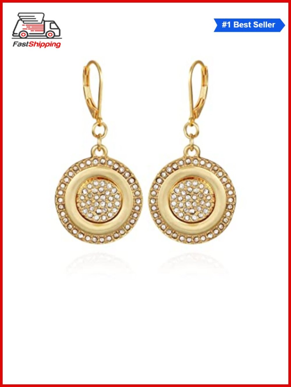 ⨠Pave Coin Drop Earrings Goldtone Crystals Lightweight Lever Back